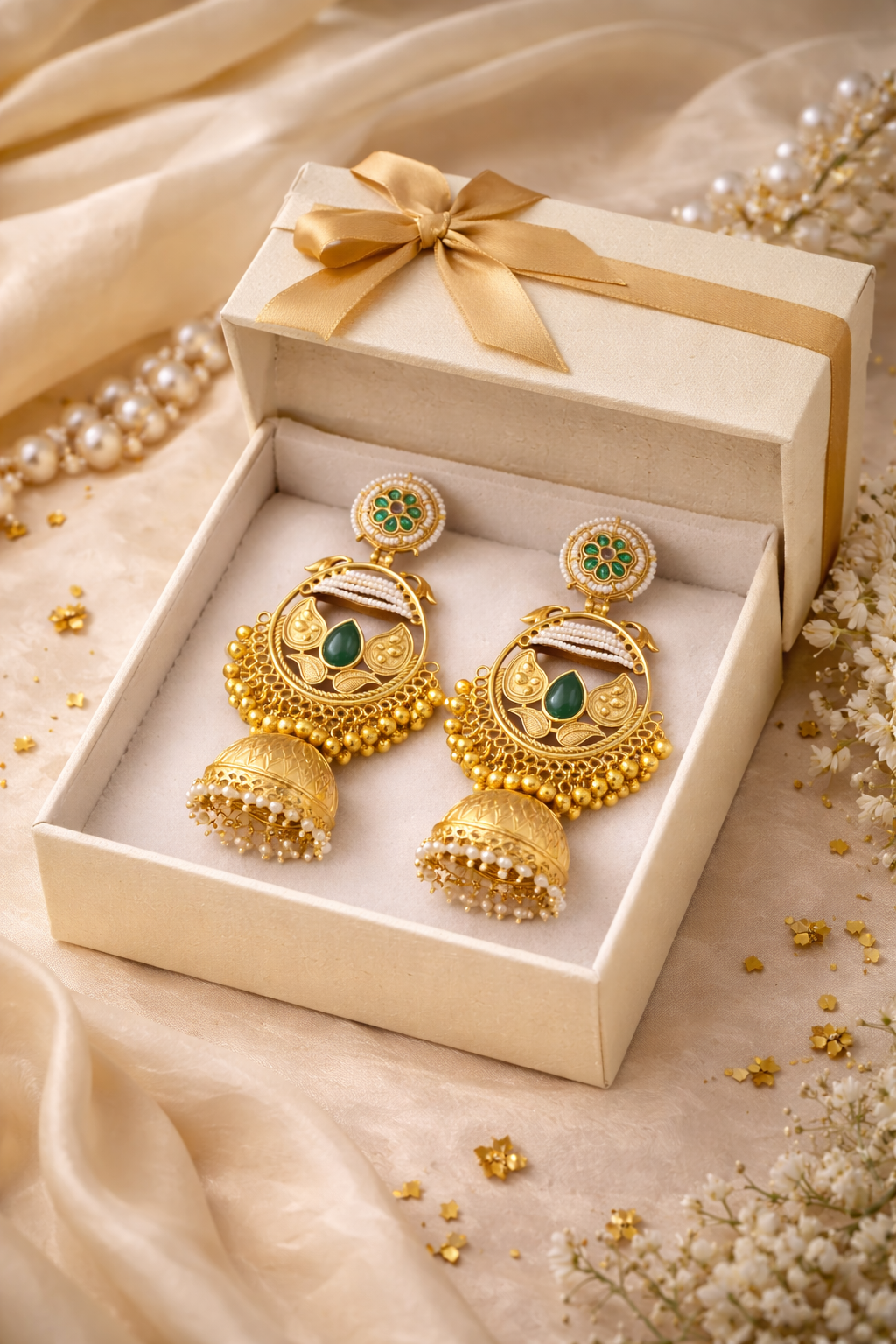 Traditional Kashmiri Jhumka Earrings with Green Stone – Collection 092/225