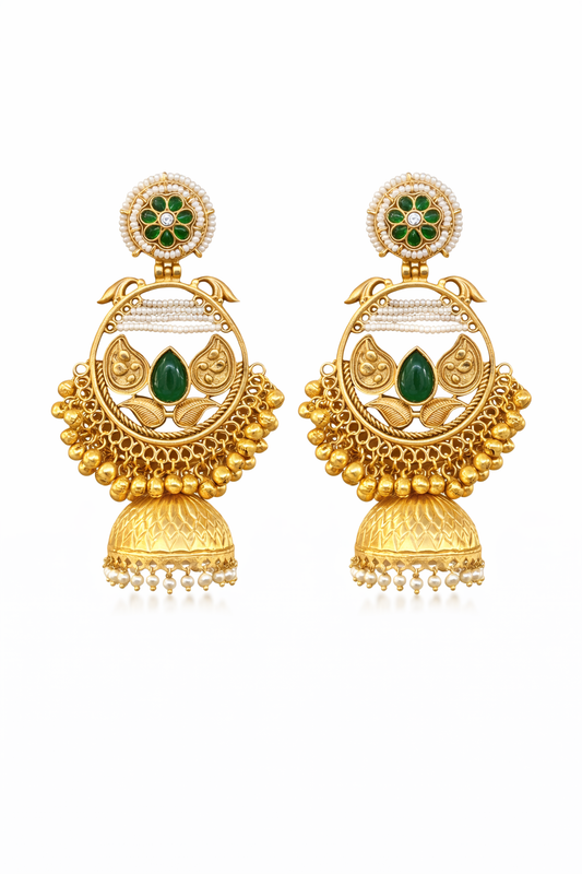 Traditional Kashmiri Jhumka Earrings with Green Stone – Collection 092/225