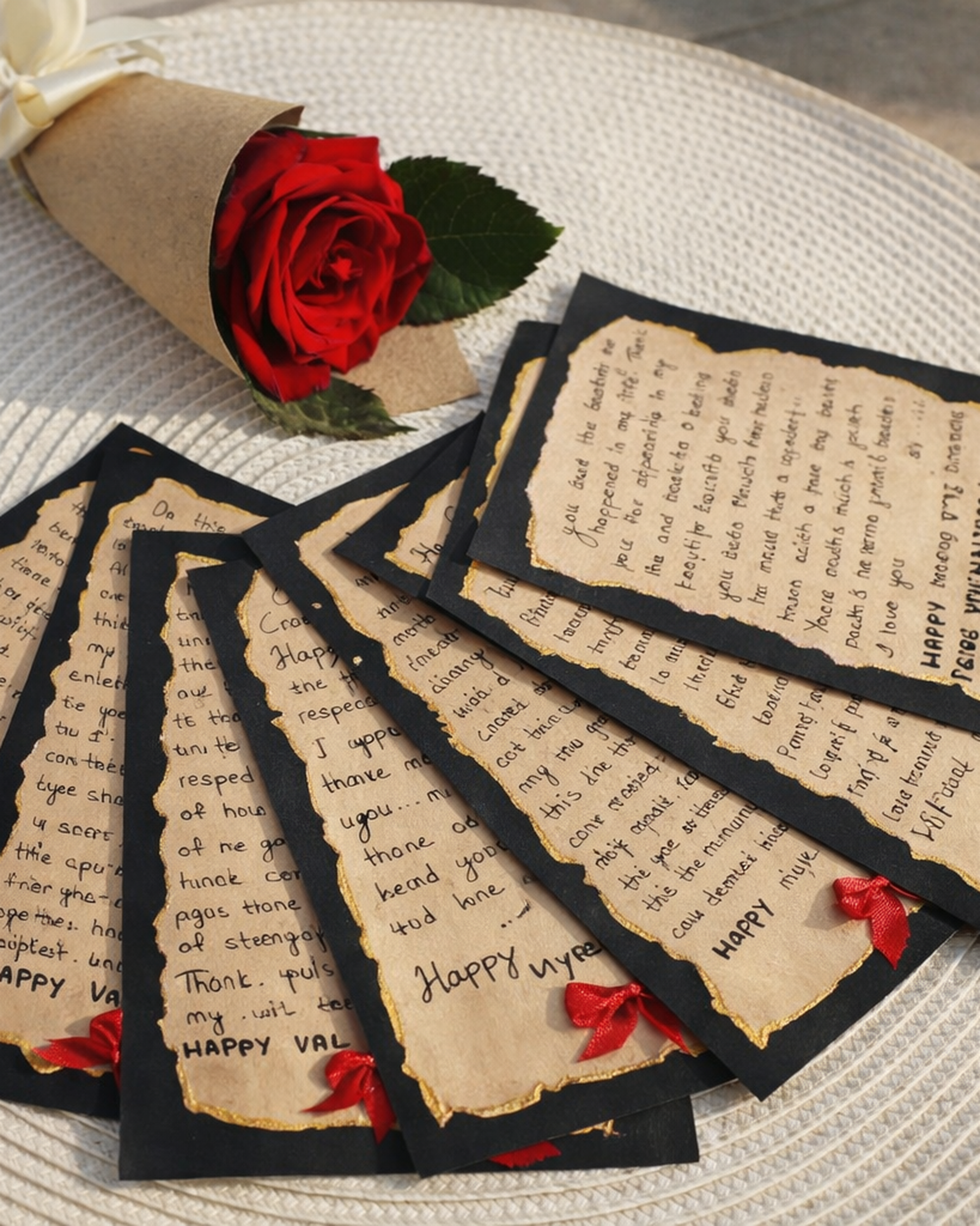 Handmade romantic love letter cards set with red rose gift aesthetic black and gold theme