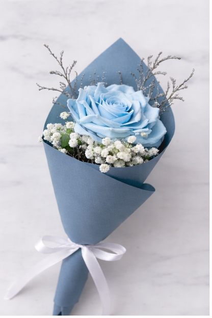 handmade blue rose mini bouquet gift with baby breath flowers