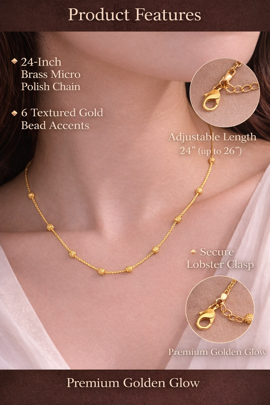 Sivorae 24 inch golden brass micro polish chain necklace highlighting textured bead accents and secure lobster clasp