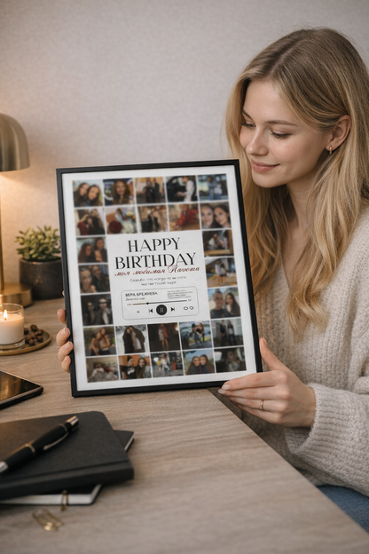 Woman holding Sivorae personalized birthday photo collage frame gift at home