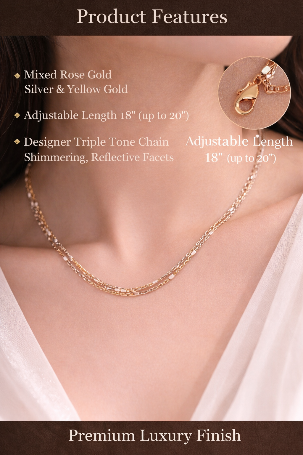 Sivorae Rose Silver Gold Designer Chain No15 showing adjustable 18 inch length and triple tone shimmering finish