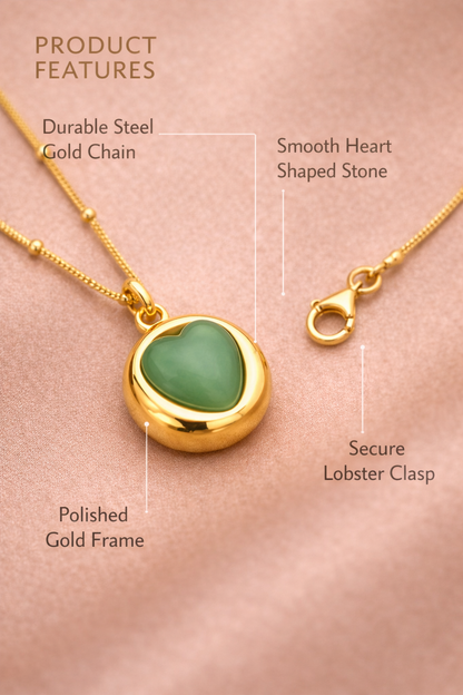 Sivorae gold heart pendant necklace showing durable steel gold chain, smooth heart stone and secure lobster clasp.