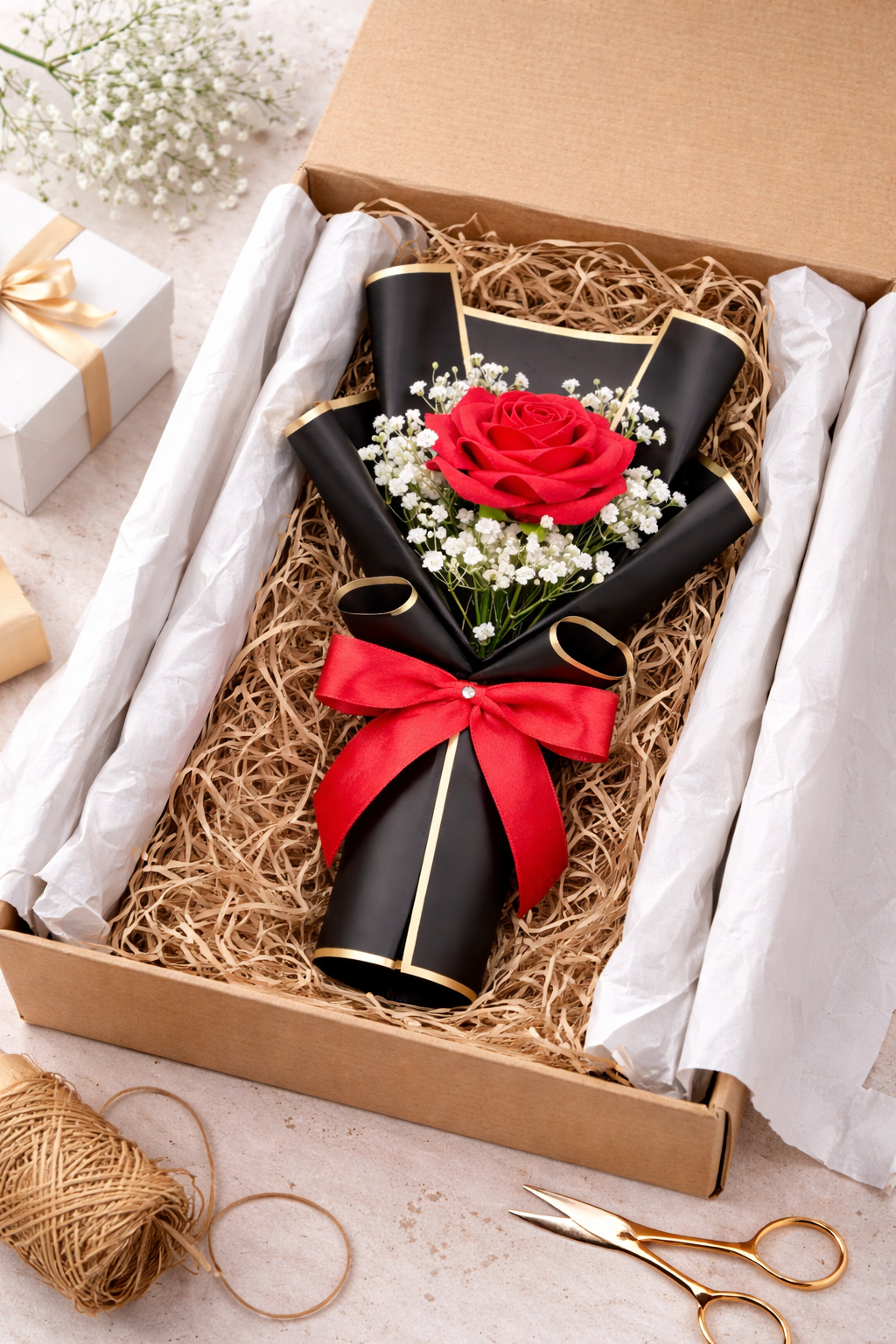 Sivorae mini red rose bouquet luxury gift box packing with black and gold wrap and satin ribbon