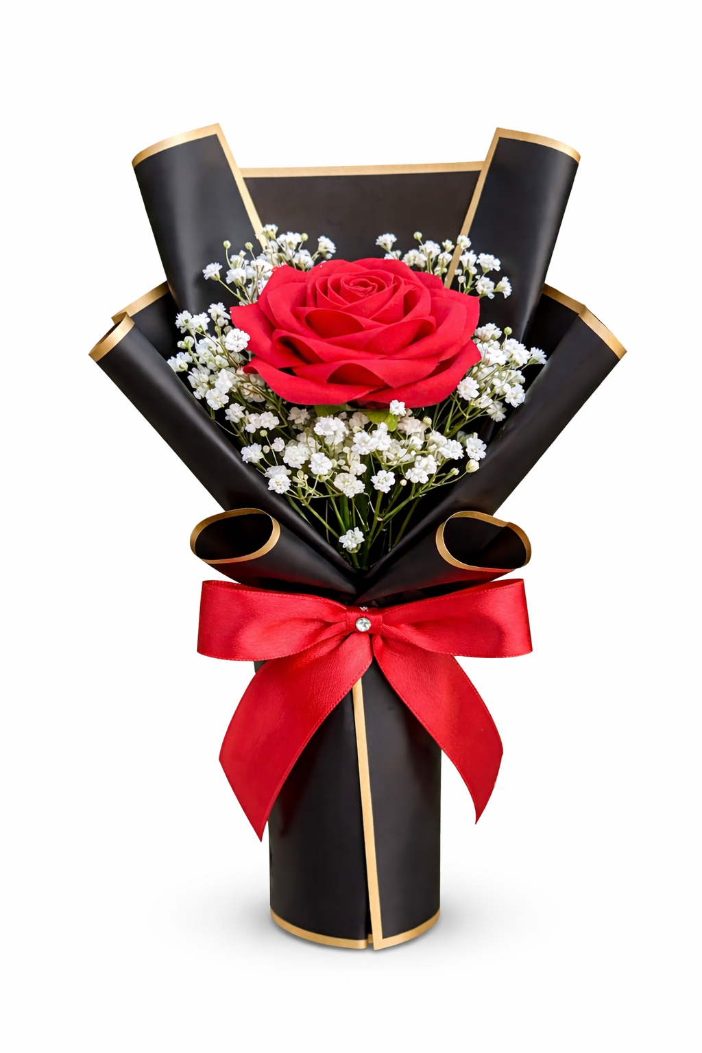 Sivorae mini red rose bouquet with black and gold wrapping on white background luxury gift