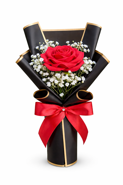 Sivorae mini red rose bouquet with black and gold wrapping on white background luxury gift
