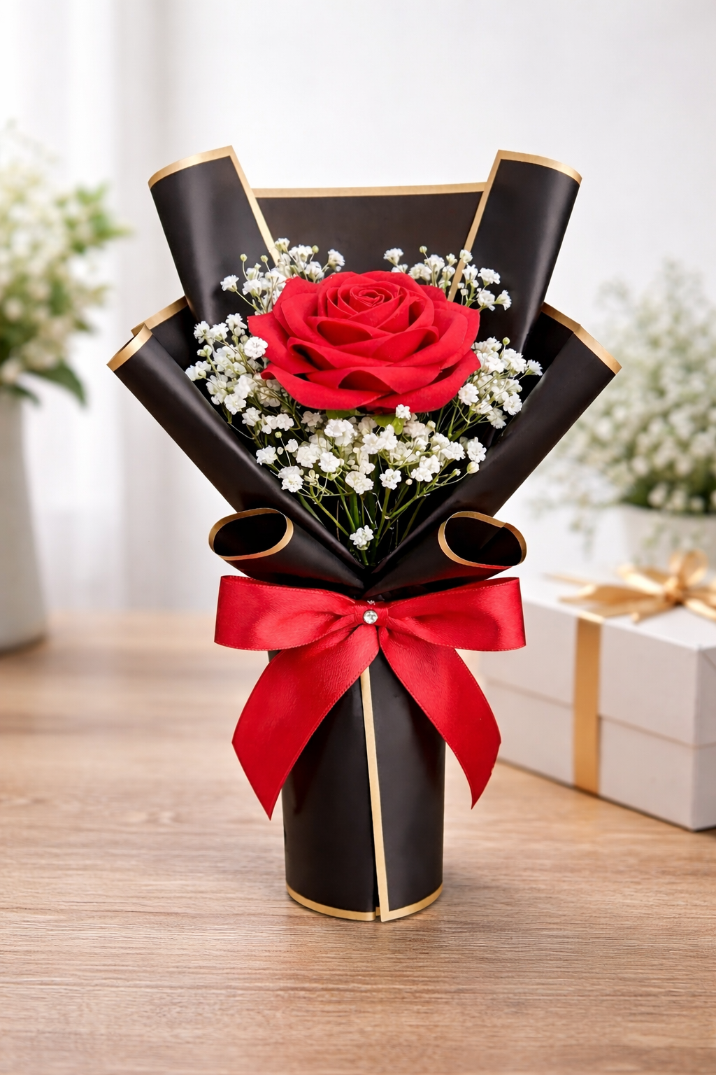 Sivorae elegant red rose bouquet with baby breath flowers placed on wooden desk premium gift