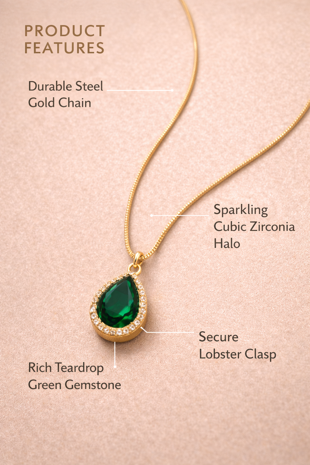 Sivorae steel golden chain necklace highlighting durable chain, green teardrop gemstone and secure lobster clasp
