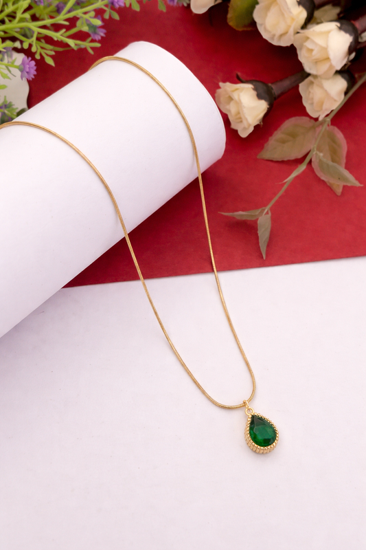 Sivorae steel golden chain necklace with teardrop green gemstone pendant and cubic zirconia detailing