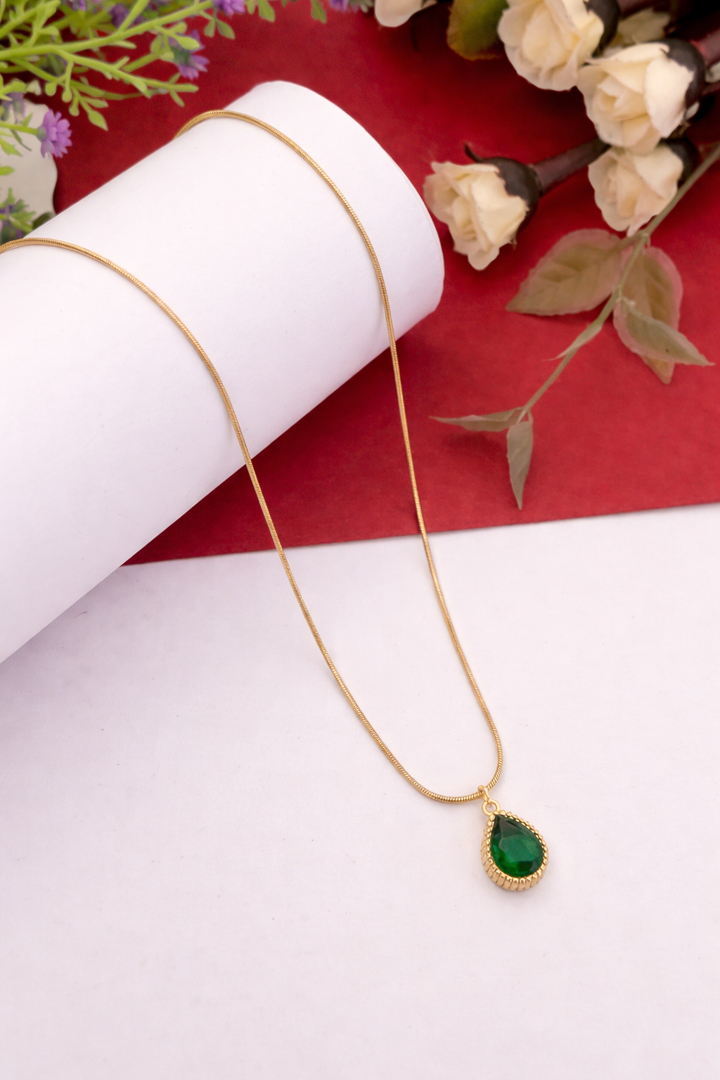 Sivorae steel golden chain necklace with teardrop green gemstone pendant and cubic zirconia detailing