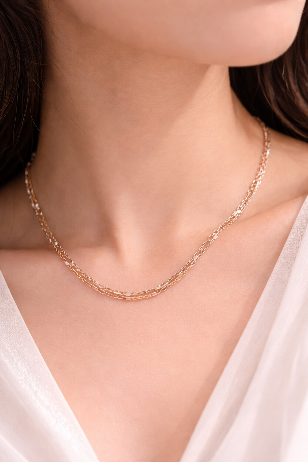 Sivorae tri tone designer chain necklace worn by woman, rose gold silver yellow gold elegant 18 inch adjustable chain